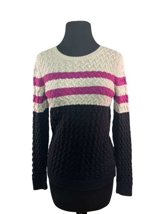 croft & barrow Sweaters - Croft & Barrow Medium Knit Sweater Black Ivory Pink Cable Long Sleeve
